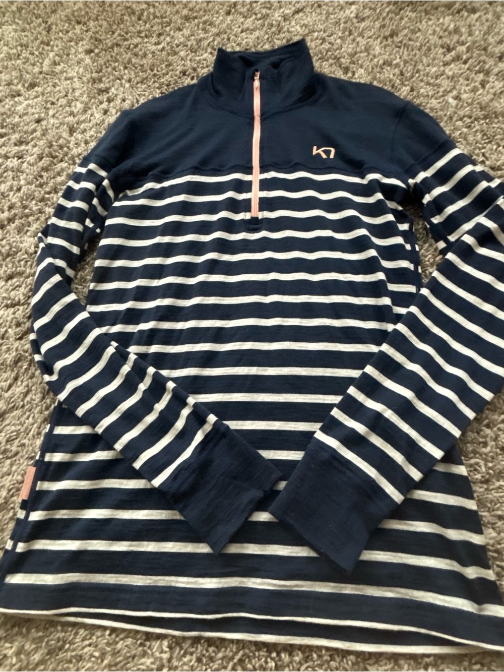Kari Traa Navy and White Striped Half-Zip Top with Pink Zip L smartwool